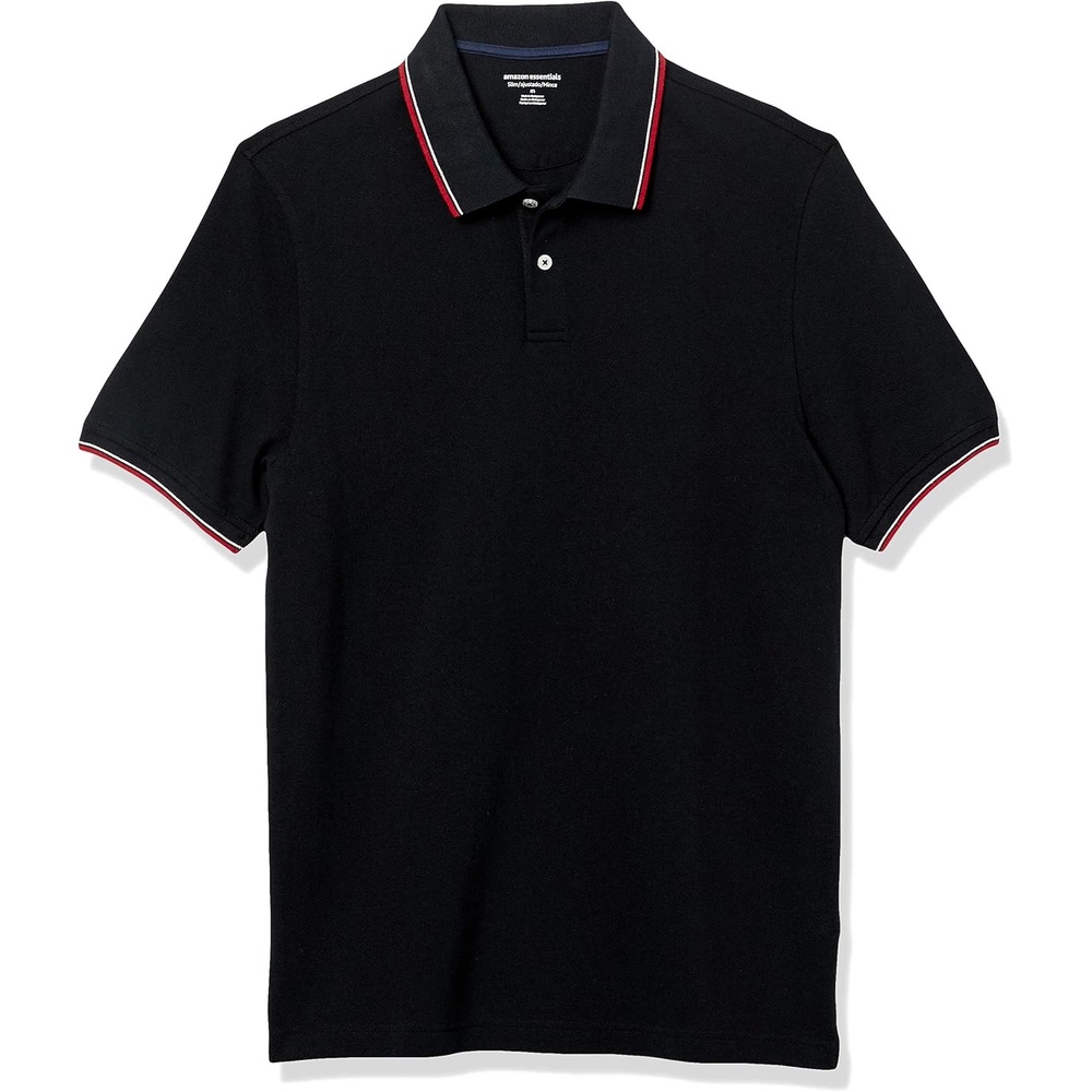 image:imageAmazon Essentials Mens SlimFit ShortSleeve Cotton Pique Polo ShirtBlackWhite and Red Tipped