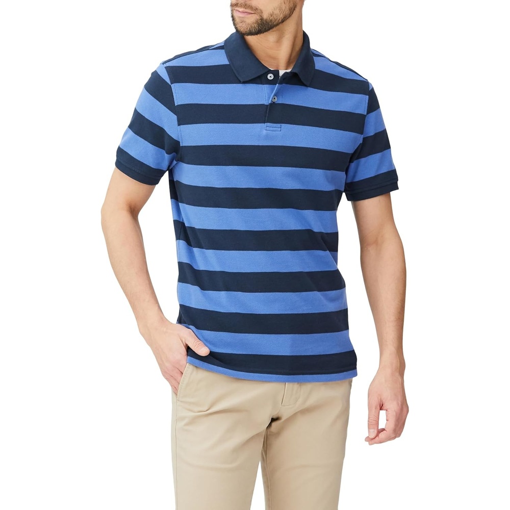 image:imageAmazon Essentials Mens SlimFit ShortSleeve Cotton Pique Polo ShirtBlueNavy Rugby Stripe