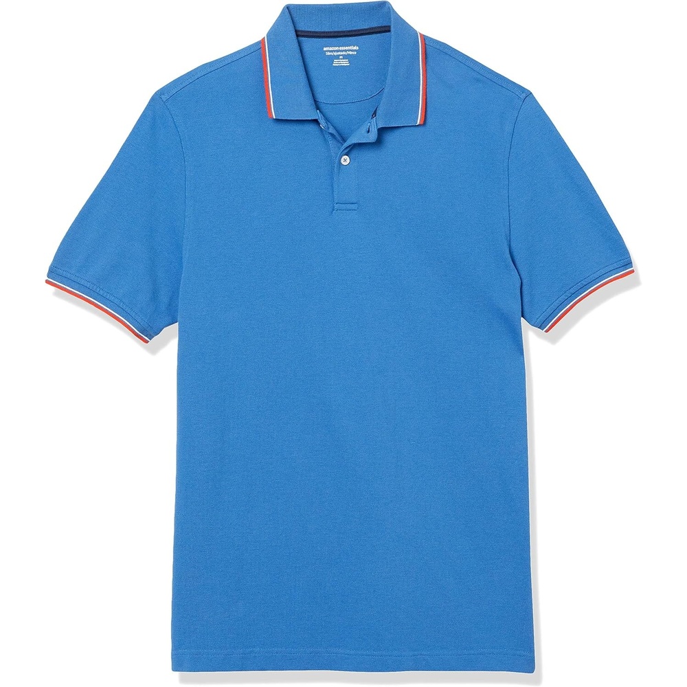image:imageAmazon Essentials Mens SlimFit ShortSleeve Cotton Pique Polo ShirtBlueWhite and Red Tipped