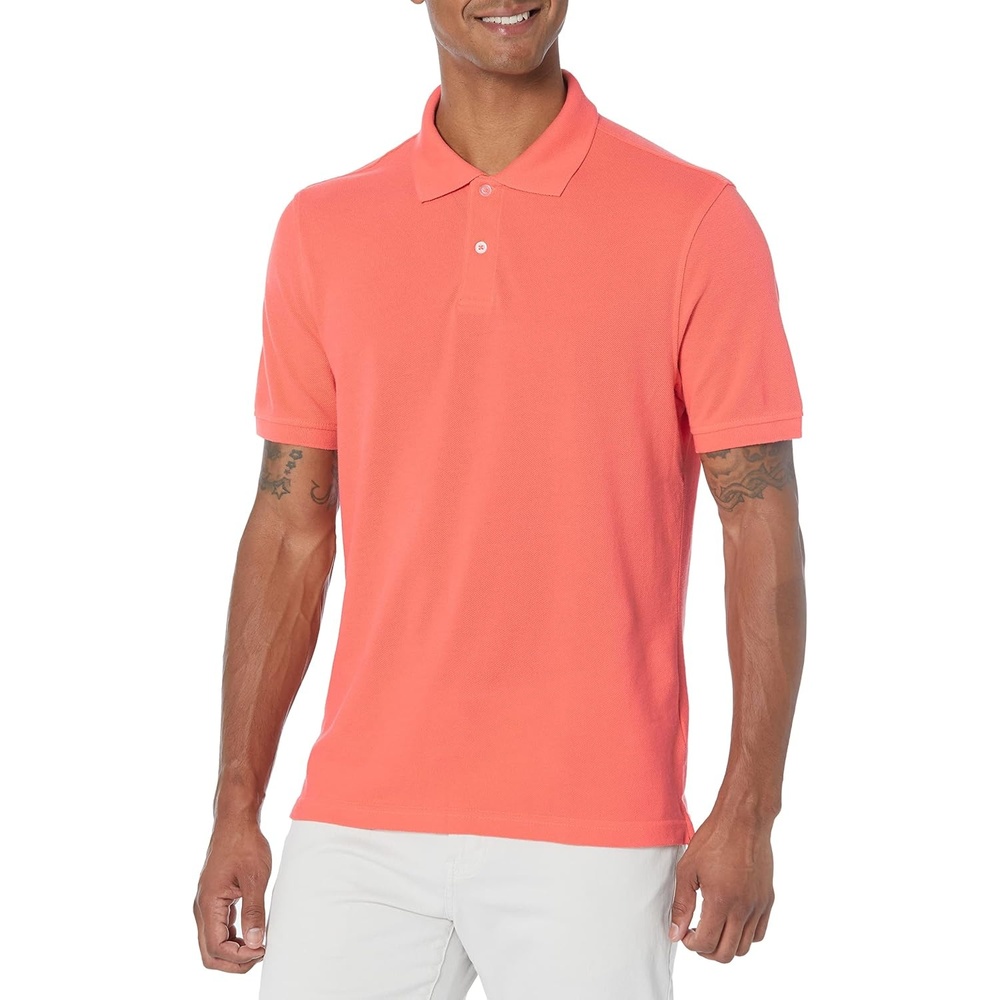 image:imageAmazon Essentials Mens SlimFit ShortSleeve Cotton Pique Polo ShirtCoral