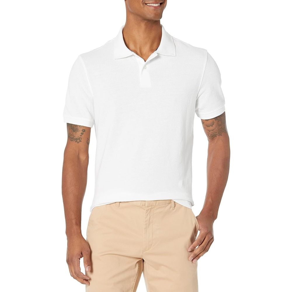image:imageAmazon Essentials Mens SlimFit ShortSleeve Cotton Pique Polo ShirtWhite