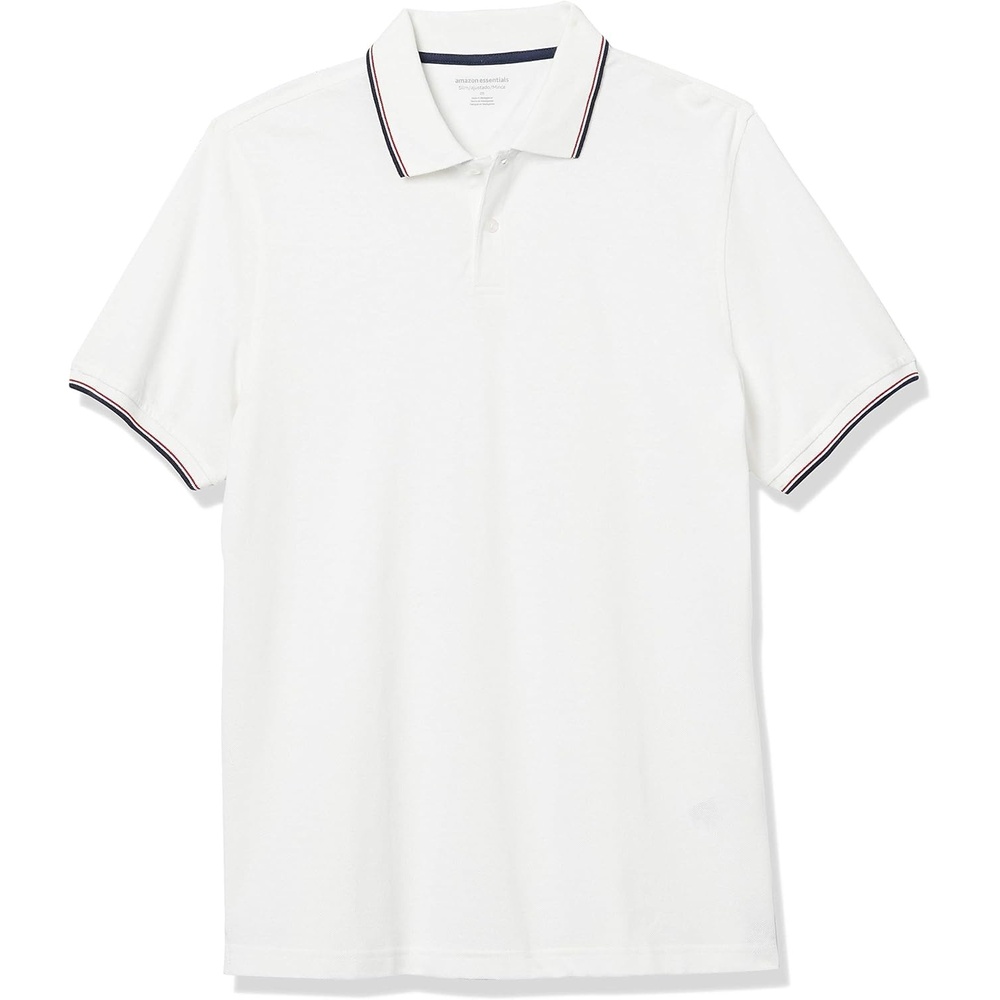 image:imageAmazon Essentials Mens SlimFit ShortSleeve Cotton Pique Polo ShirtWhite Thin Stripe