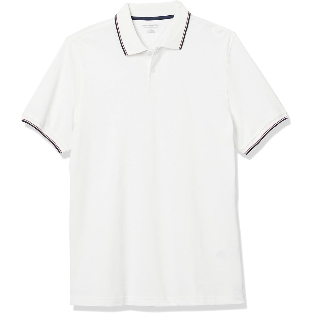 image:imageAmazon Essentials Mens SlimFit ShortSleeve Cotton Pique Polo ShirtWhiteRed and Navy Tipped