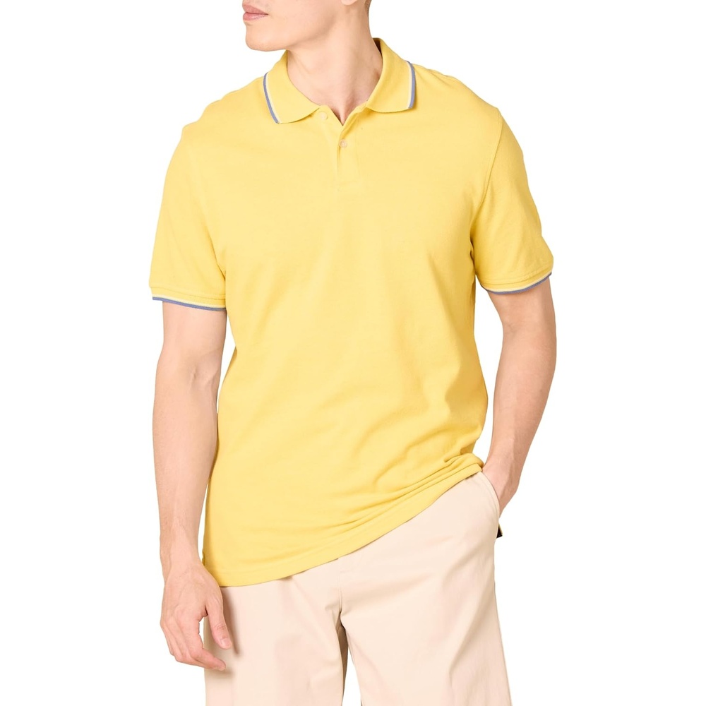image:imageAmazon Essentials Mens SlimFit ShortSleeve Cotton Pique Polo ShirtYellowBlue and White Tipped