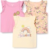 Amazon Essentials Girls and Toddlers’ Cotton Ruffle Tank Tops, Pack of 3(Badges/Unicorn/Wander)