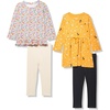 Amazon Essentials Girls and Toddlers’ Long-Sleeve Ruffle Outfit Set with Bowknot Design, Pack of 4(Gold/Ditsy Floral)