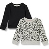 Amazon Essentials Girls and Toddlers’ Relaxed Fit Fleece Crewneck Pullover Sweatshirts, Pack of 2(2-pack Black/Light Heather Grey Cheetah)