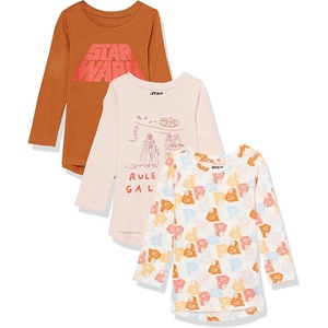 Amazon Essentials Disney | Marvel | Star Wars | Frozen | Princess Girls’ Long-Sleeve Tunic T-Shirts(3-pack Star Wars Logo Galaxy)