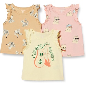 Amazon Essentials Girls and Toddlers’ Cotton Ruffle Tank Tops, Pack of 3(Cool Cats/Tiger/Tropical Fruit)