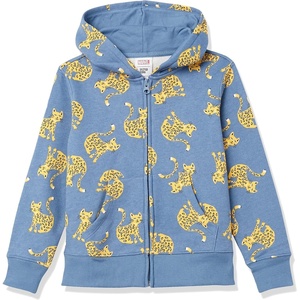 Amazon Essentials Girls and Toddlers’ Fleece Zip-Up Hooded Sweatshirt with Lined Hood and Rib Knit Detail(Blue Cats)