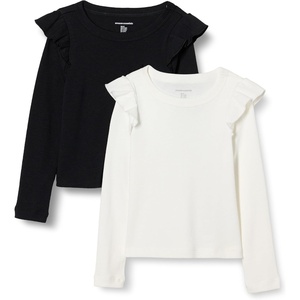 Amazon Essentials Girls and Toddlers’ Long Sleeve Ruffle T-Shirt(Black/Ivory)