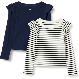 Amazon Essentials Girls and Toddlers’ Long Sleeve Ruffle T-Shirt(Navy/French Stripe)