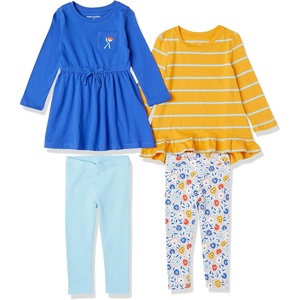 Amazon Essentials Girls and Toddlers’ Long-Sleeve Ruffle Outfit Set with Bowknot Design, Pack of 4(Blue/Sky Blue/White Floral/Yellow Stripe)