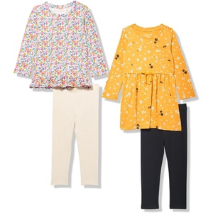 Amazon Essentials Girls and Toddlers’ Long-Sleeve Ruffle Outfit Set with Bowknot Design, Pack of 4(Gold/Ditsy Floral)