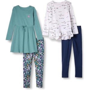 Amazon Essentials Girls and Toddlers’ Long-Sleeve Ruffle Outfit Set with Bowknot Design, Pack of 4(Sage Green Horses)