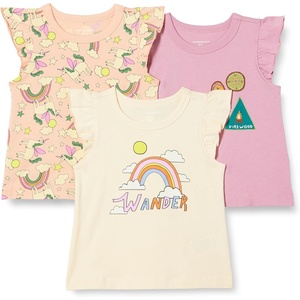 Amazon Essentials Girls and Toddlers’ Sleeveless Ruffle Sleeve T-Shirt, Pack of 3(Badges/Unicorn/Wander)