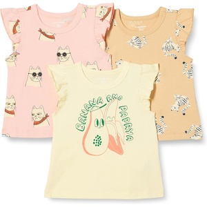 Amazon Essentials Girls and Toddlers’ Sleeveless Ruffle Sleeve T-Shirt, Pack of 3(Cool Cats/Tiger/Tropical Fruit)