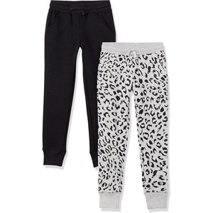 Amazon Essentials Girls and Toddlers’ Sweatpants with Elastic Waist and Drawstring, Multipacks(Black/Light Grey Heather Cheetah)