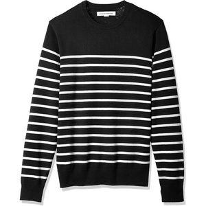 Amazon Essentials Men’s Cable Knit Long-Sleeve Crewneck Sweater, 100% Cotton, Big & Tall Options Available(Black White Placed Stripe)