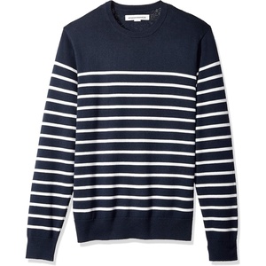 Amazon Essentials Men’s Cable Knit Long-Sleeve Crewneck Sweater, 100% Cotton, Big & Tall Options Available(Dark Navy White Stripe)