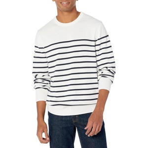 Amazon Essentials Men’s Cable Knit Long-Sleeve Crewneck Sweater, 100% Cotton, Big & Tall Options Available(Navy White Placed Stripe)
