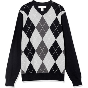 Amazon Essentials Men’s Regular Fit Cotton V-Neck Pullover Sweater (Available in Big & Tall)(Black Argyle)