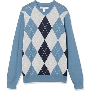 Amazon Essentials Men’s Regular Fit Cotton V-Neck Pullover Sweater (Available in Big & Tall)(Blue Argyle)
