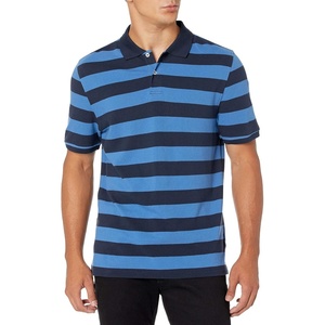 Amazon Essentials Men’s Slim-Fit Short-Sleeve Cotton Pique Polo Shirt(Black Blue Rugby Stripe)