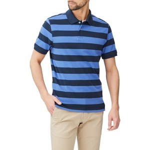 Amazon Essentials Men’s Slim-Fit Short-Sleeve Cotton Pique Polo Shirt(Blue/Navy Rugby Stripe)