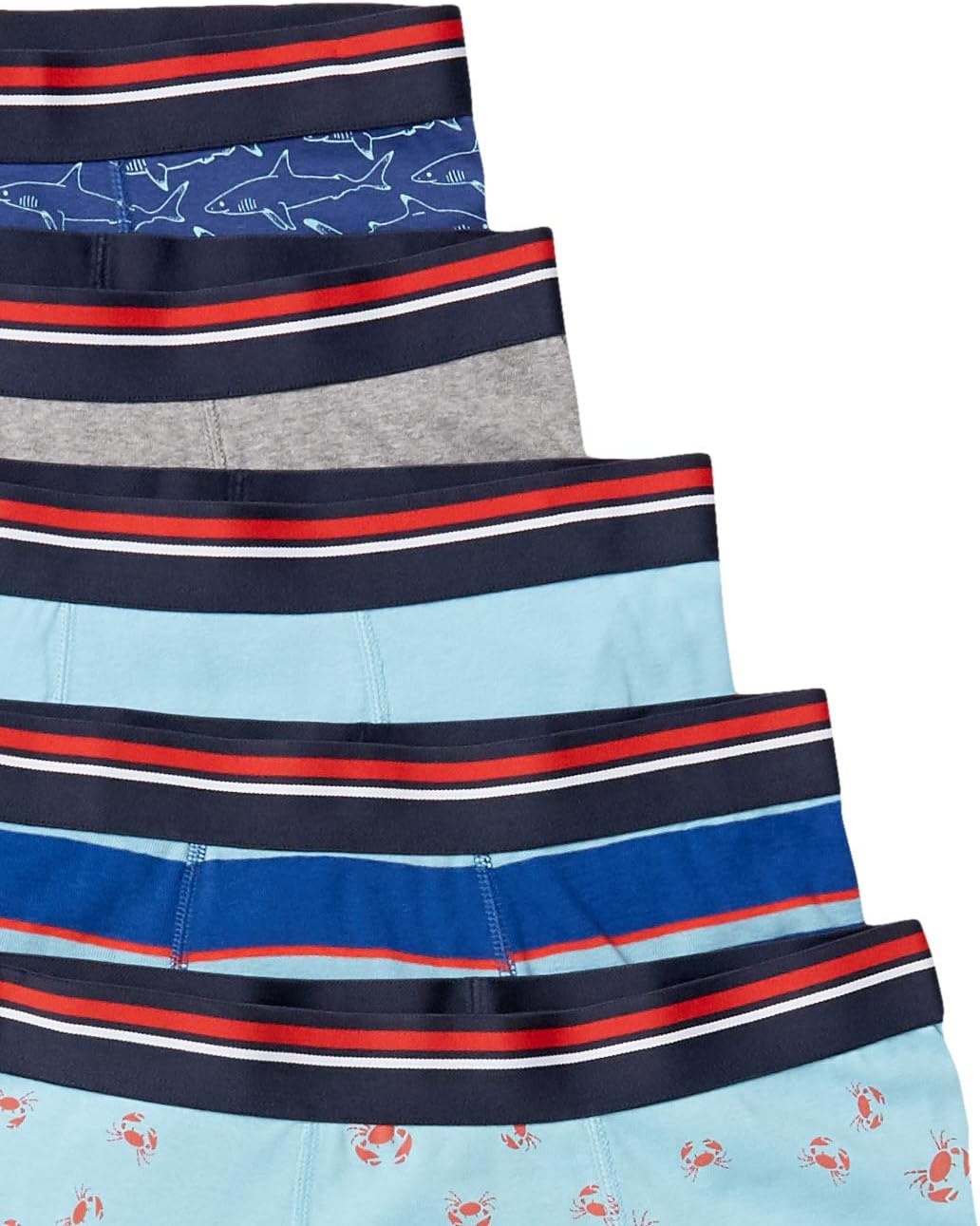 image:imageAmazon Essentials Mens Breathable Cotton Boxer Briefs TagFree Pack of 5Blue StripeCrabsGrey HeatherLight BlueSharks