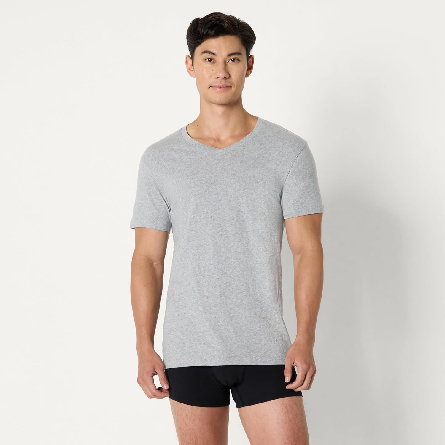 image:imageAmazon Essentials Mens Cotton Jersey Boxer Shorts Underwear Pack of 5Gray Heather Black White
