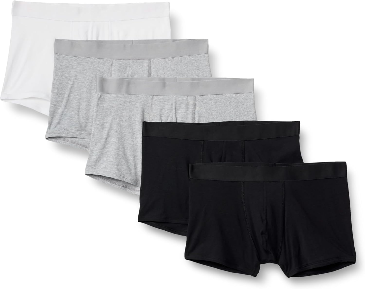 image:imageAmazon Essentials Mens Cotton Jersey Boxer Shorts Underwear Pack of 5Gray Heather Black White