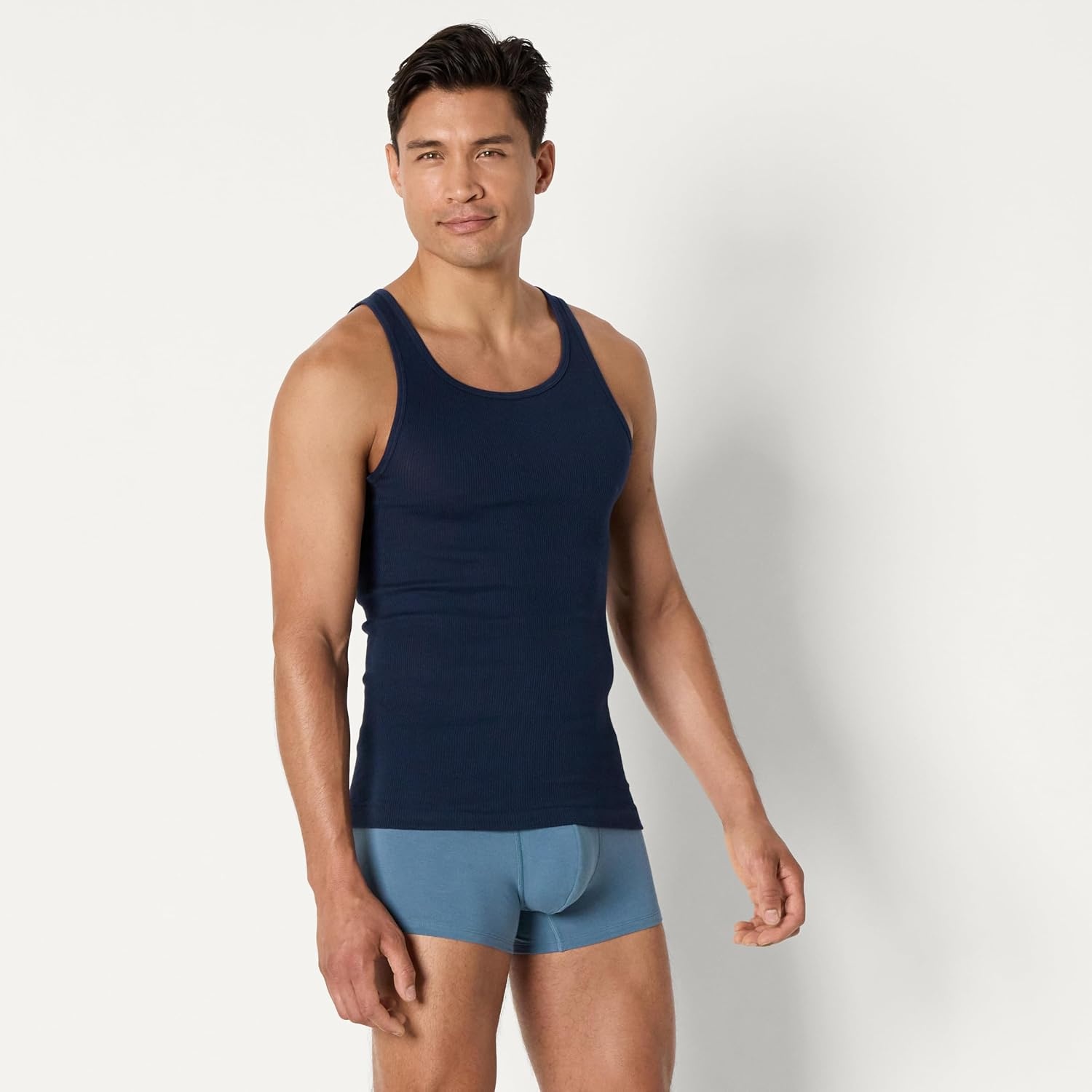 image:imageAmazon Essentials Mens Cotton Jersey Boxer Shorts Underwear Pack of 5Navy Blue Blue White