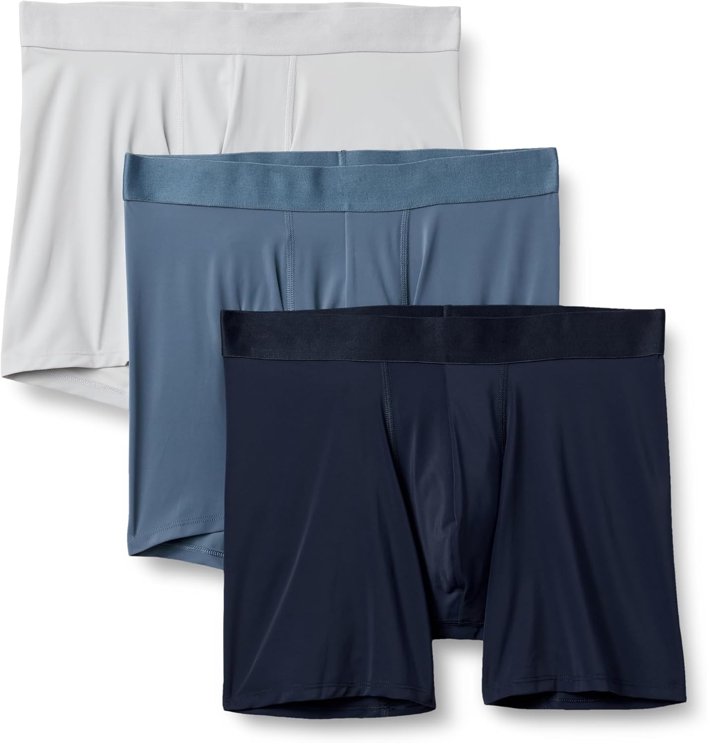 image:imageAmazon Essentials Mens Microfiber Boxer Shorts Underwear Pack of 3Navy Blue Blue Light Gray