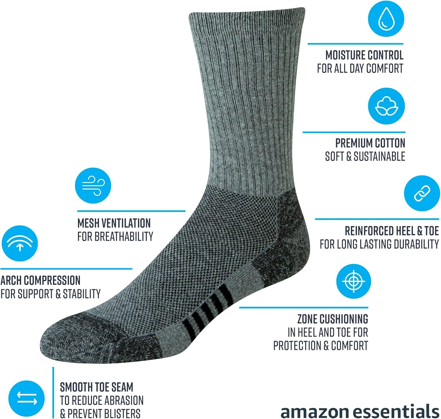 image:imageAmazon Essentials Mens Performance Cotton Cushioned Moisture Control Socks Athletic Crew BreathableGrey