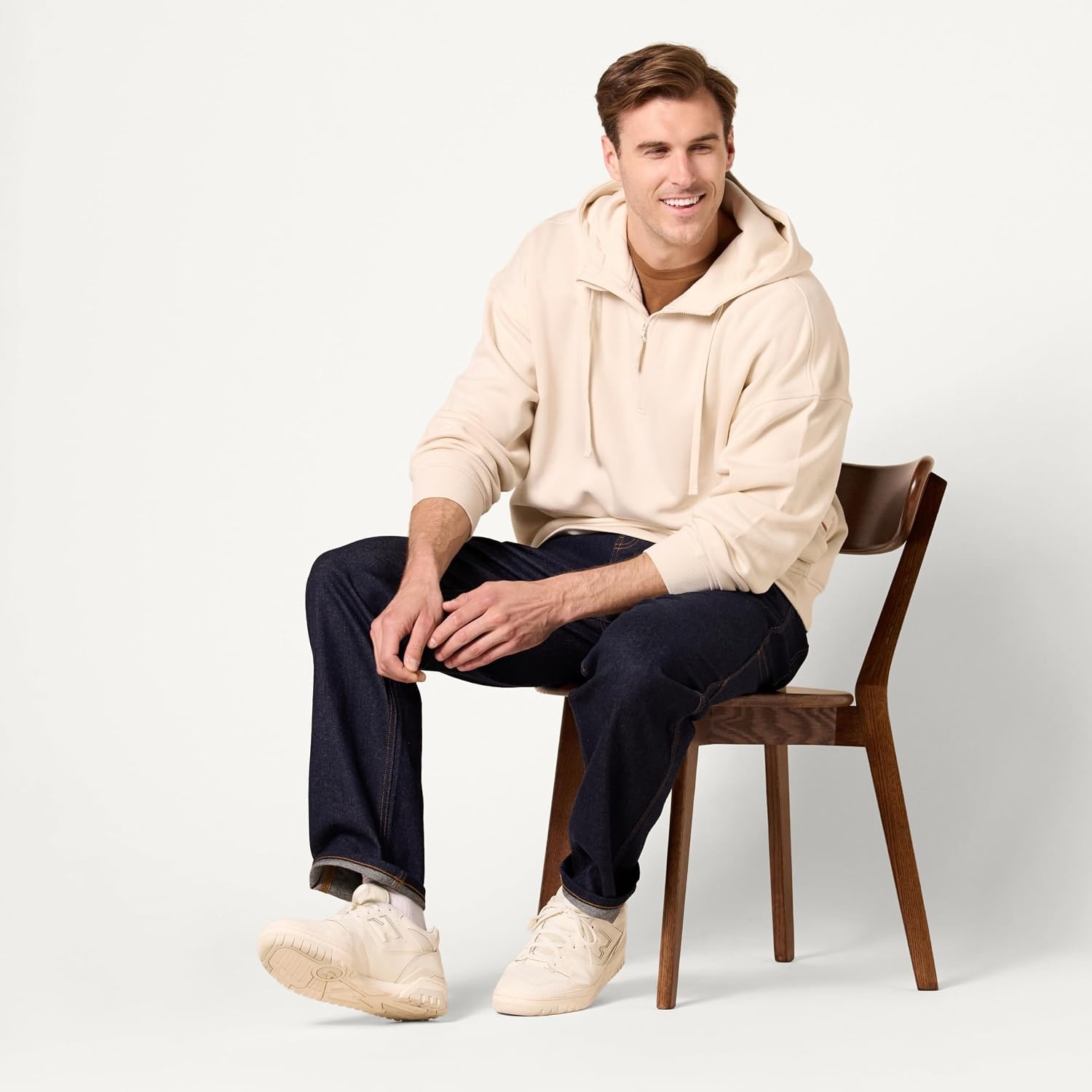 image:imageAmazon Essentials Mens QuarterZip OversizedFit Hoodie SweatshirtLight Beige