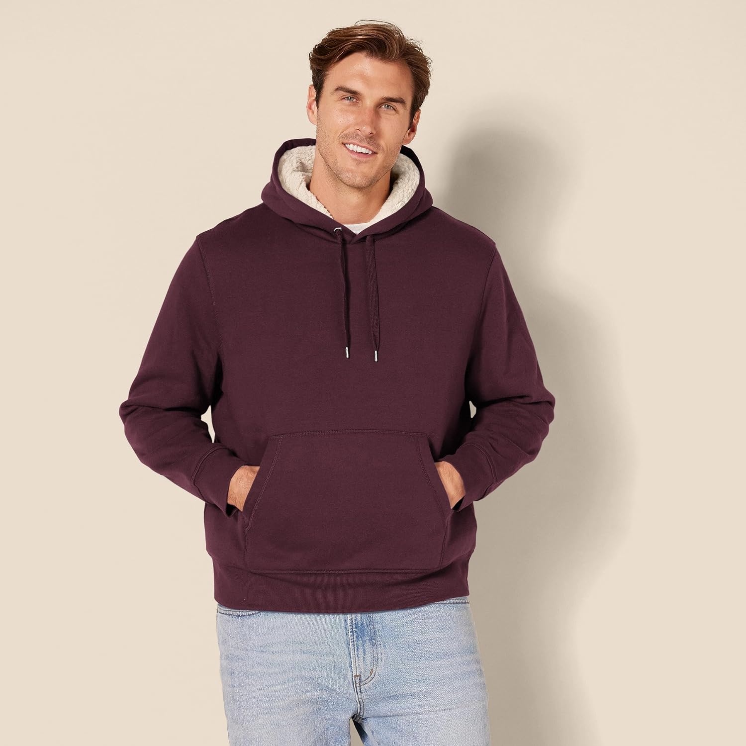 image:imageAmazon Essentials Mens Regular Fit SherpaLined Pullover HoodieBurgundy