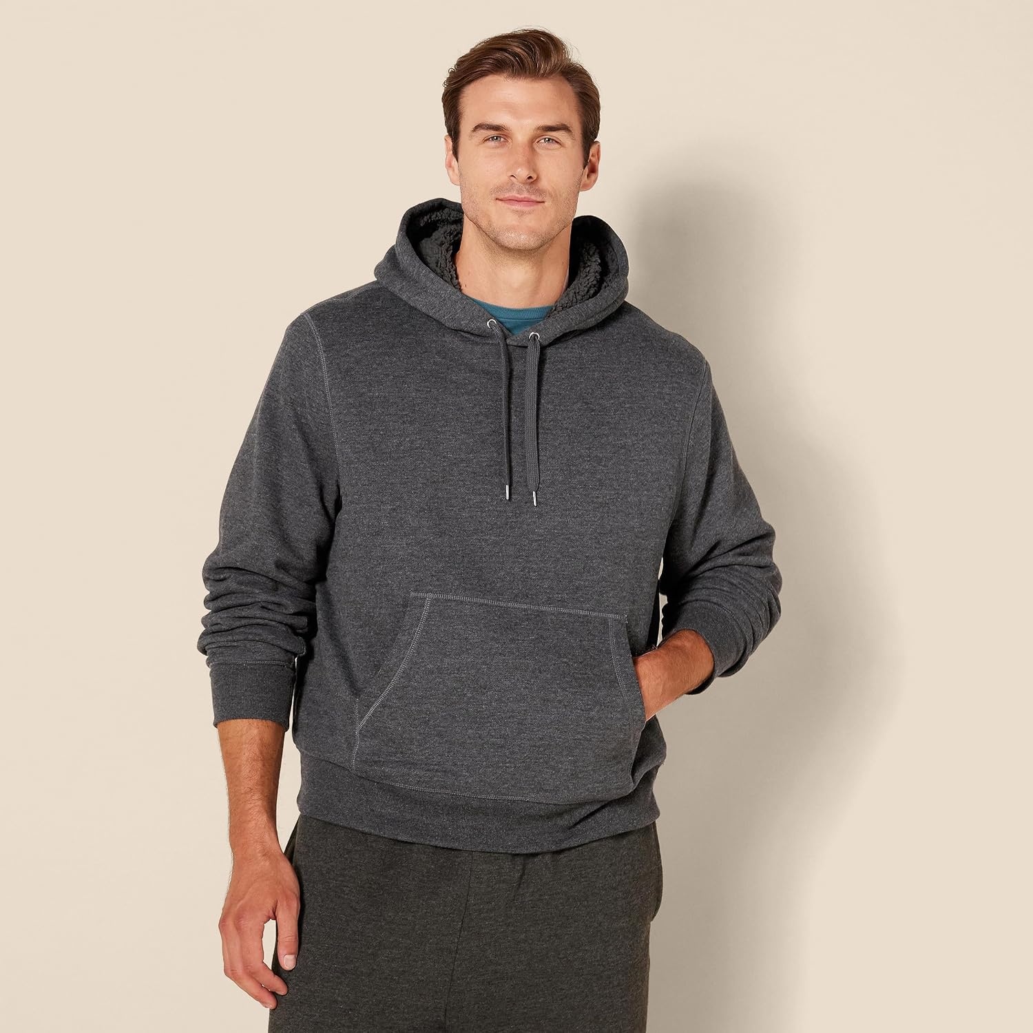 image:imageAmazon Essentials Mens Regular Fit SherpaLined Pullover HoodieCharcoal Heather