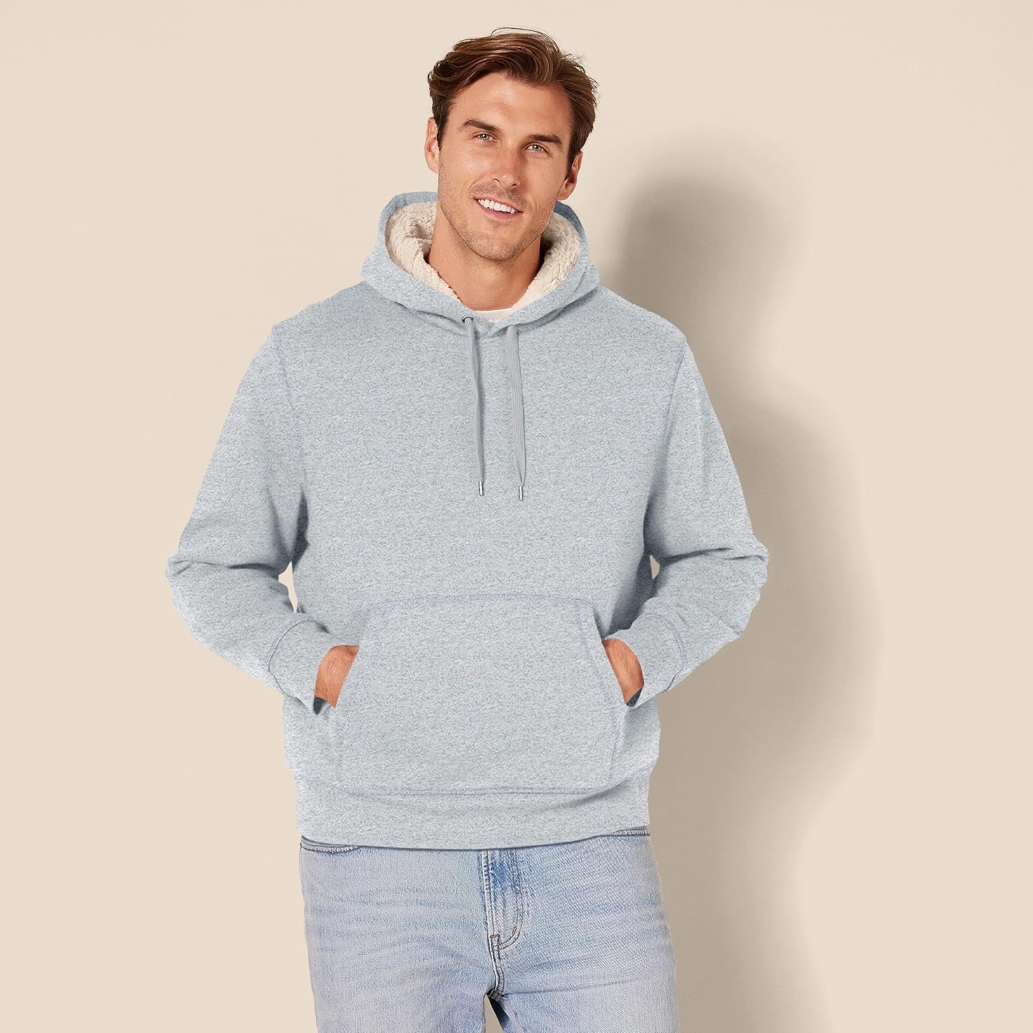 image:imageAmazon Essentials Mens Regular Fit SherpaLined Pullover HoodieLight Grey Heather