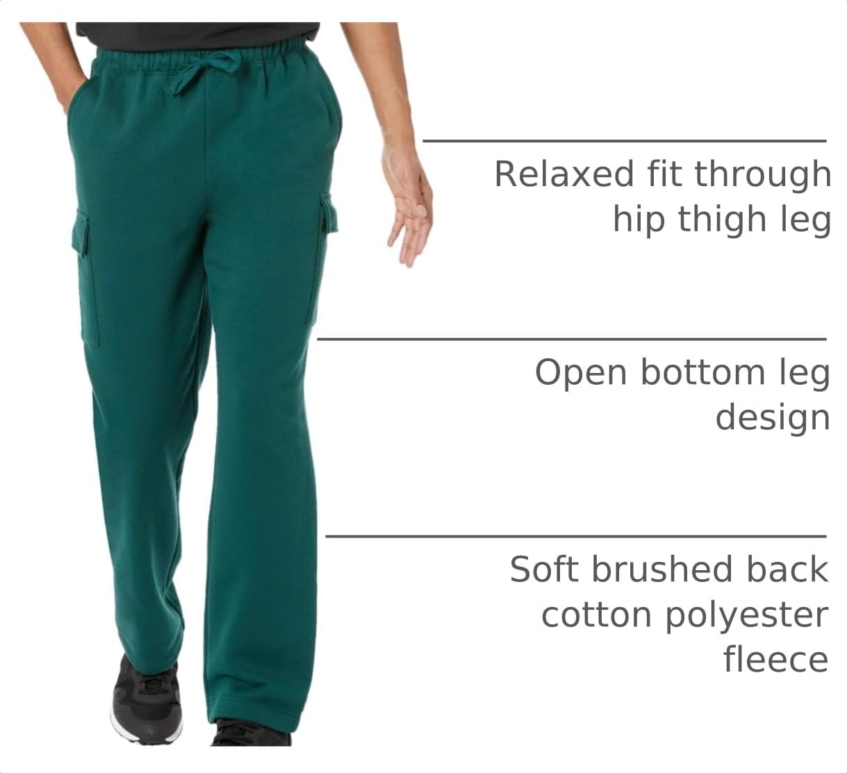 image:imageAmazon Essentials Mens Relaxed Fit Cargo Fleece Sweatpants with Open BottomDark Green