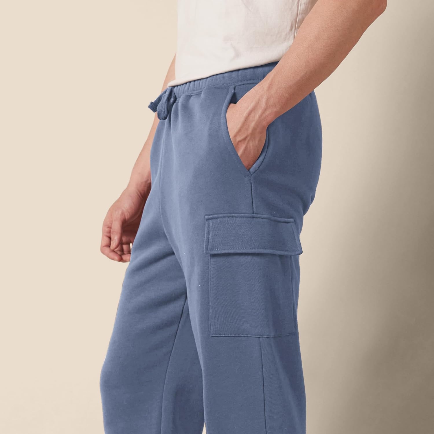 image:imageAmazon Essentials Mens Relaxed Fit Cargo Fleece Sweatpants with Open BottomIndigo Blue