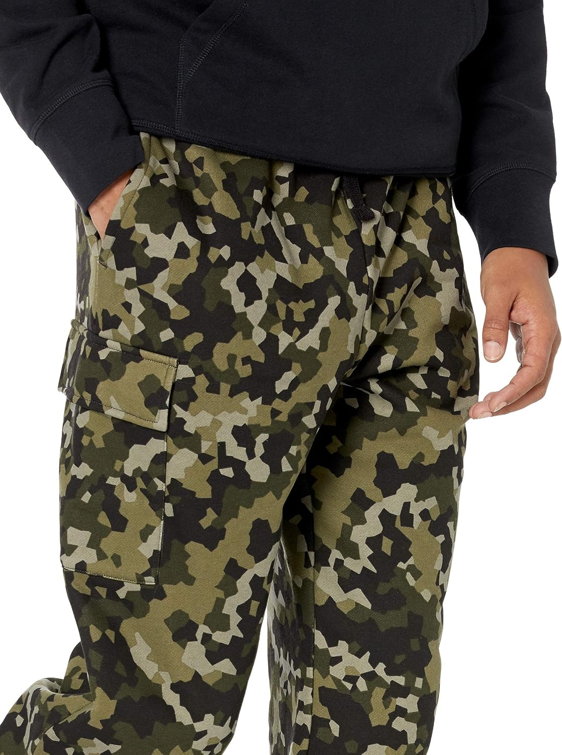 image:imageAmazon Essentials Mens Relaxed Fit Cargo Fleece Sweatpants with Open BottomOlive Geo Camo