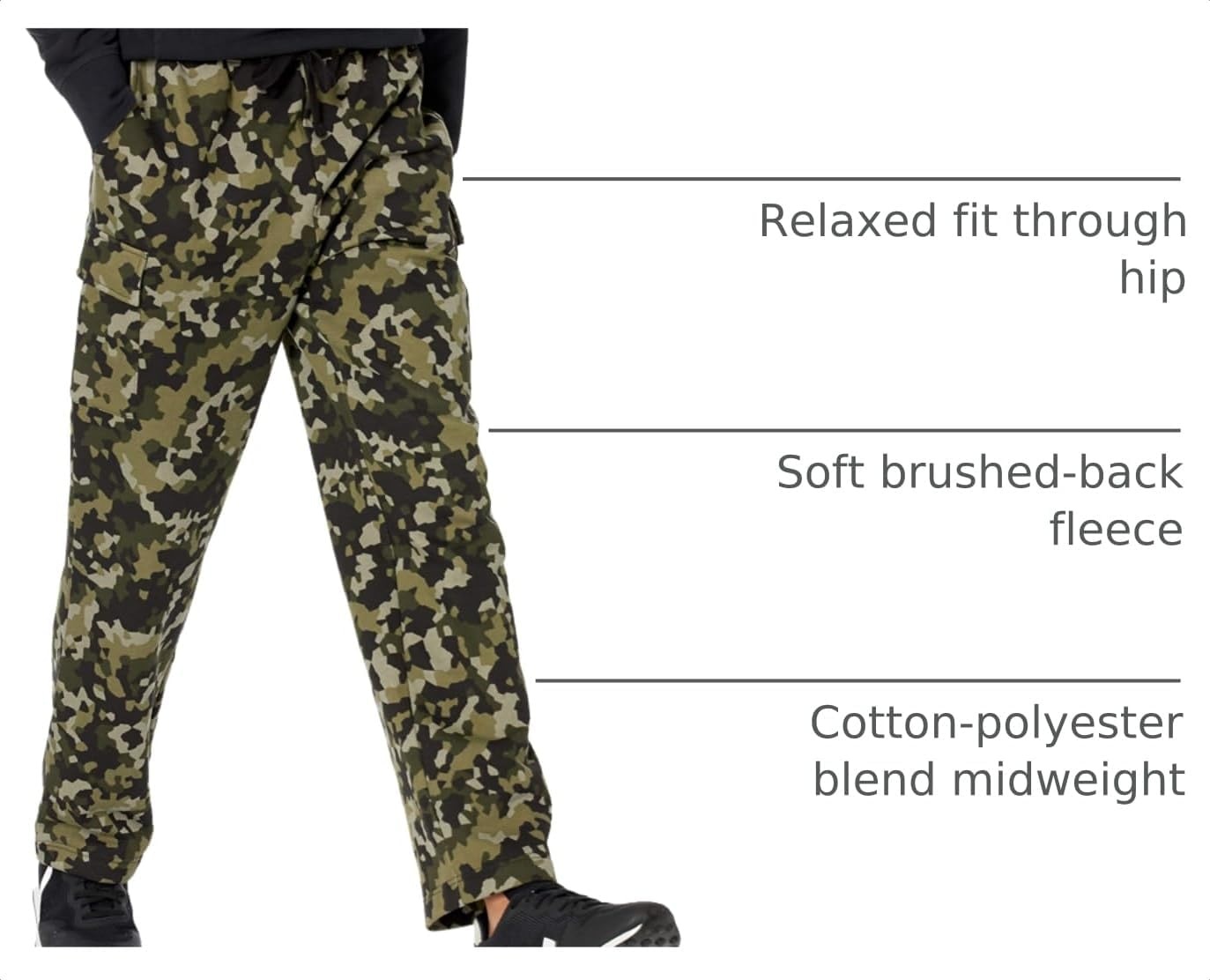 image:imageAmazon Essentials Mens Relaxed Fit Cargo Fleece Sweatpants with Open BottomOlive Geo Camo
