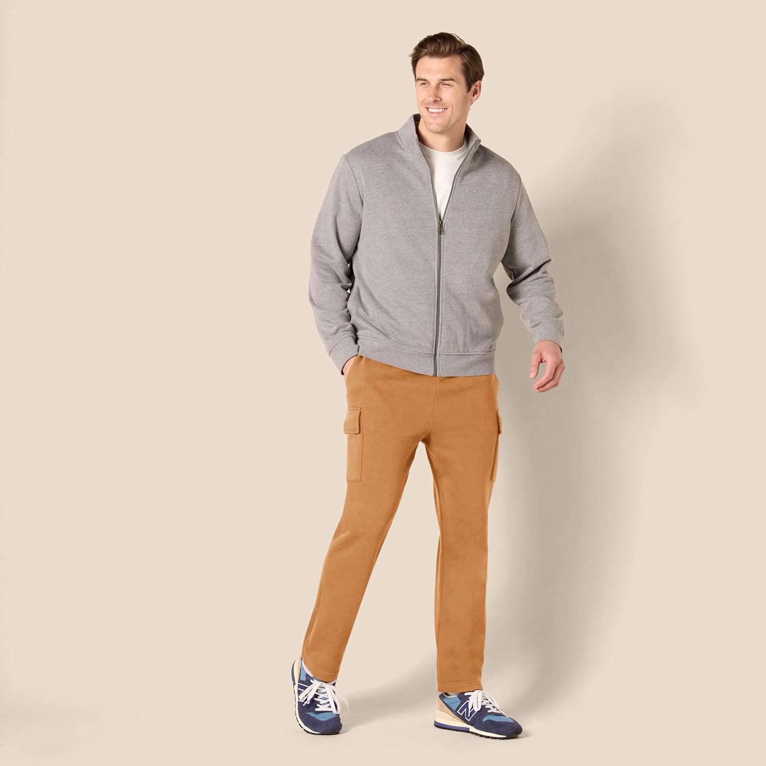 image:imageAmazon Essentials Mens Relaxed Fit Cargo Fleece Sweatpants with Open BottomTan