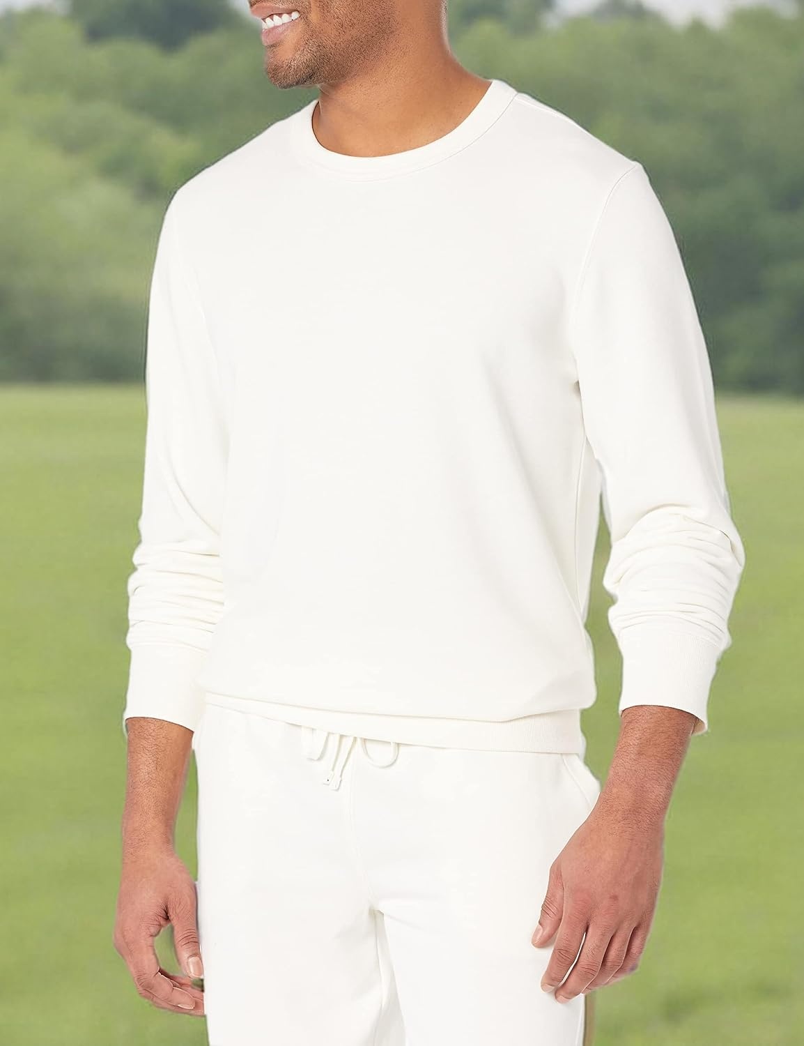 image:imageAmazon Essentials Mens Relaxed Fit Crewneck Sweatshirt Lightweight LongSleeve French Terry Available in Big amp TallEggshell White