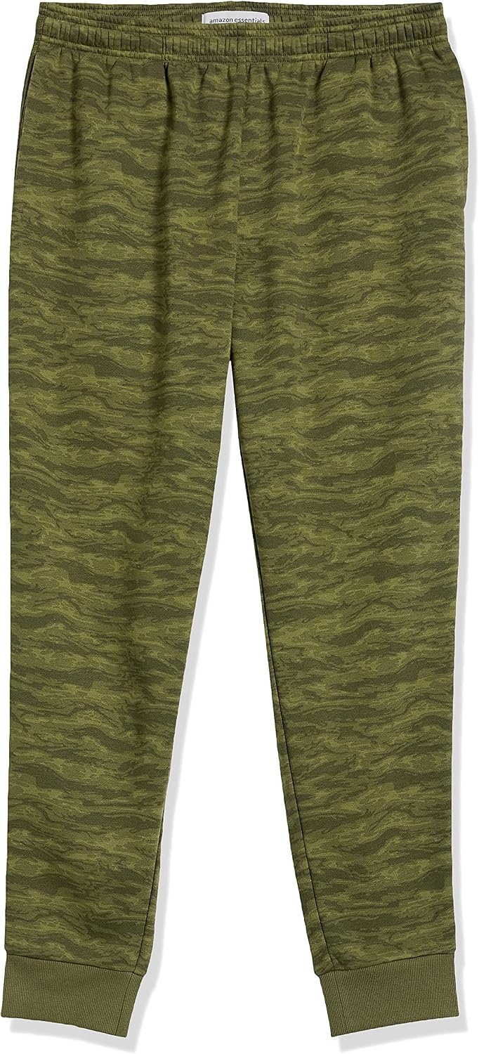 image:imageAmazon Essentials Mens Relaxed Fit Fleece Joggers Sweatpants Drawstring Waist Tapered Leg Ribbed Cuffs Brushed InteriorAbstract Green Camo