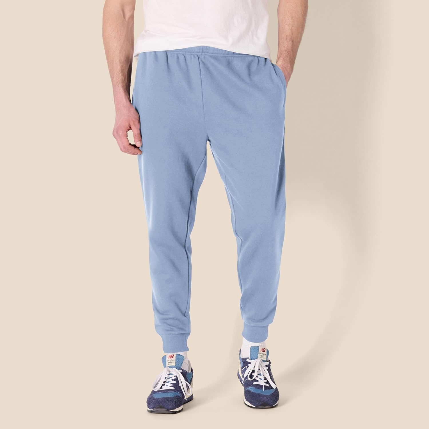 image:imageAmazon Essentials Mens Relaxed Fit Fleece Joggers Sweatpants Drawstring Waist Tapered Leg Ribbed Cuffs Brushed InteriorDenim Blue