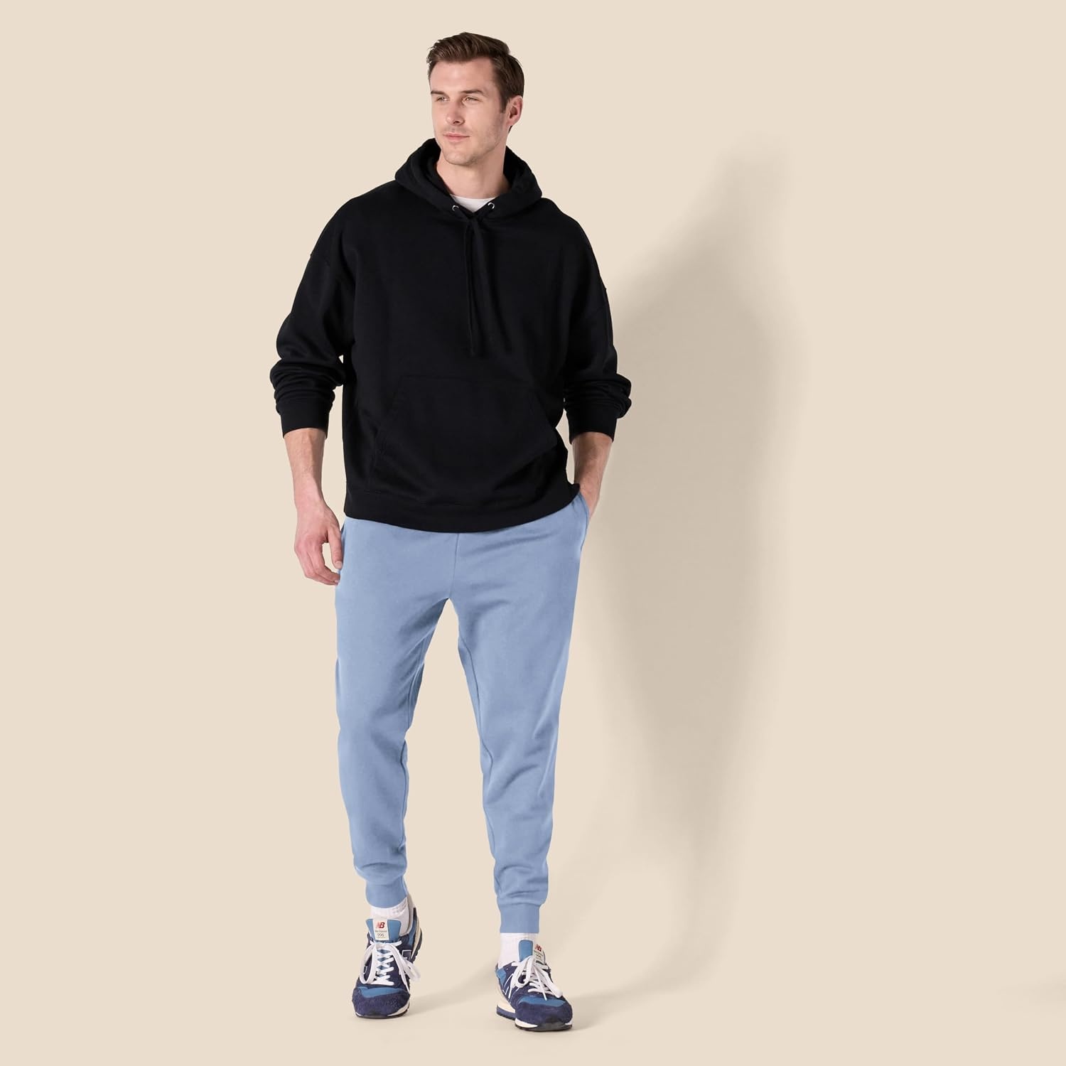 image:imageAmazon Essentials Mens Relaxed Fit Fleece Joggers Sweatpants Drawstring Waist Tapered Leg Ribbed Cuffs Brushed InteriorDenim Blue