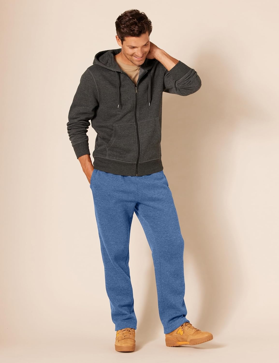 image:imageAmazon Essentials Mens Relaxed Straight Leg Fleece Open Bottom Sweatpant Available in Big amp TallBlue Heather
