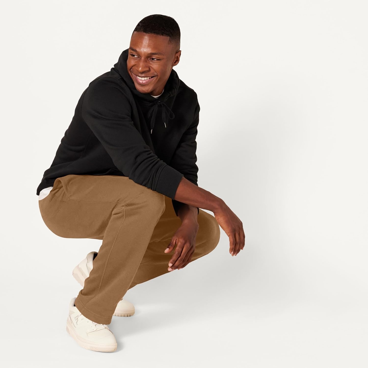 image:imageAmazon Essentials Mens Relaxed Straight Leg Fleece Open Bottom Sweatpant Available in Big amp TallDark Tan